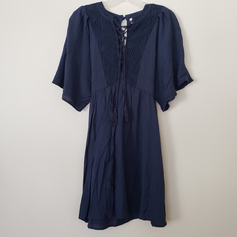 Pink Lily Boho Rayon Short Sleeve Flowy Dress Lace-up Front Navy Blue Small